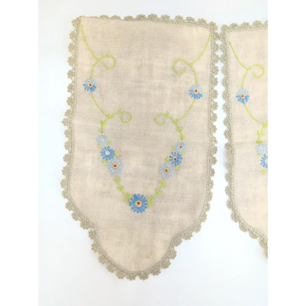 Vtg Linen Embroidered Napkins Set 4 Floral Scalloped Lace Cream Blue Green 7X12